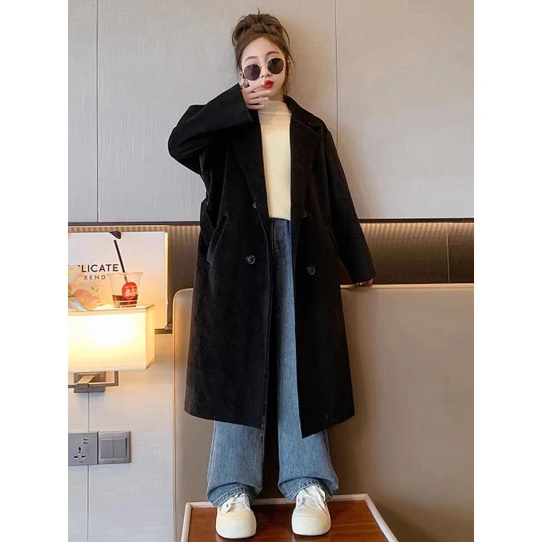 女童秋冬呢子大衣新款女孩韩版大童过膝长款毛呢时髦外套