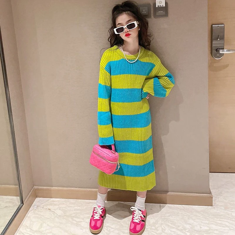 女童秋冬装条纹毛衣洋气中大儿童时髦中长款加厚针织裙
