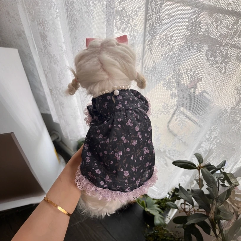 (wasabi专属)宠物衣服公主的紫色荼靡自带珍珠泡泡袖轻薄蕾丝花边