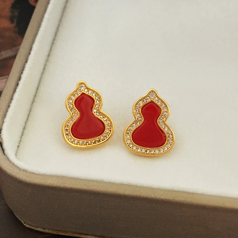 铜合金合成锆石耳饰 气质国风百搭轻奢红葫芦简约耳饰1519