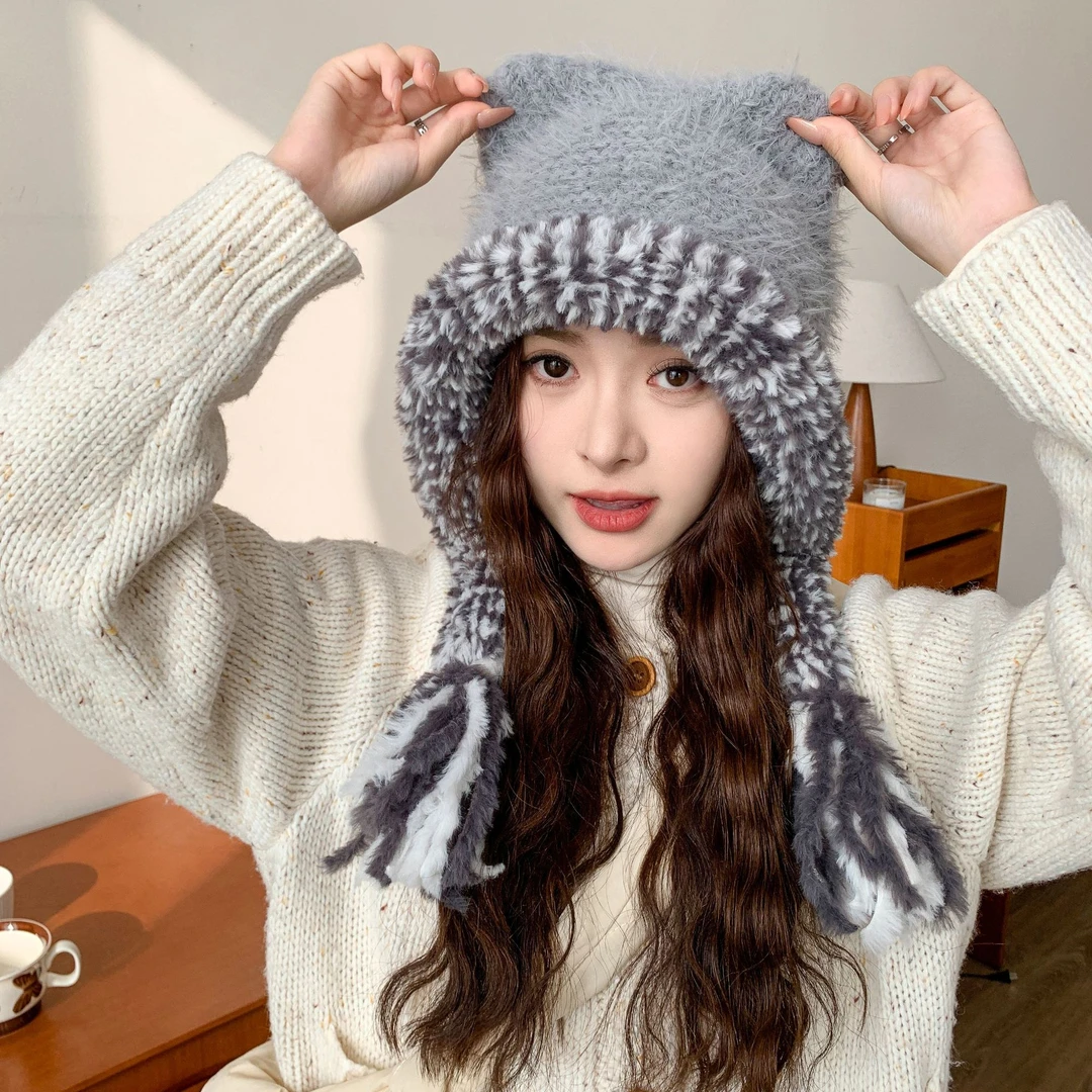 韩版秋冬毛绒护耳帽女2024新款条纹拼接针织帽防寒保暖包头帽子