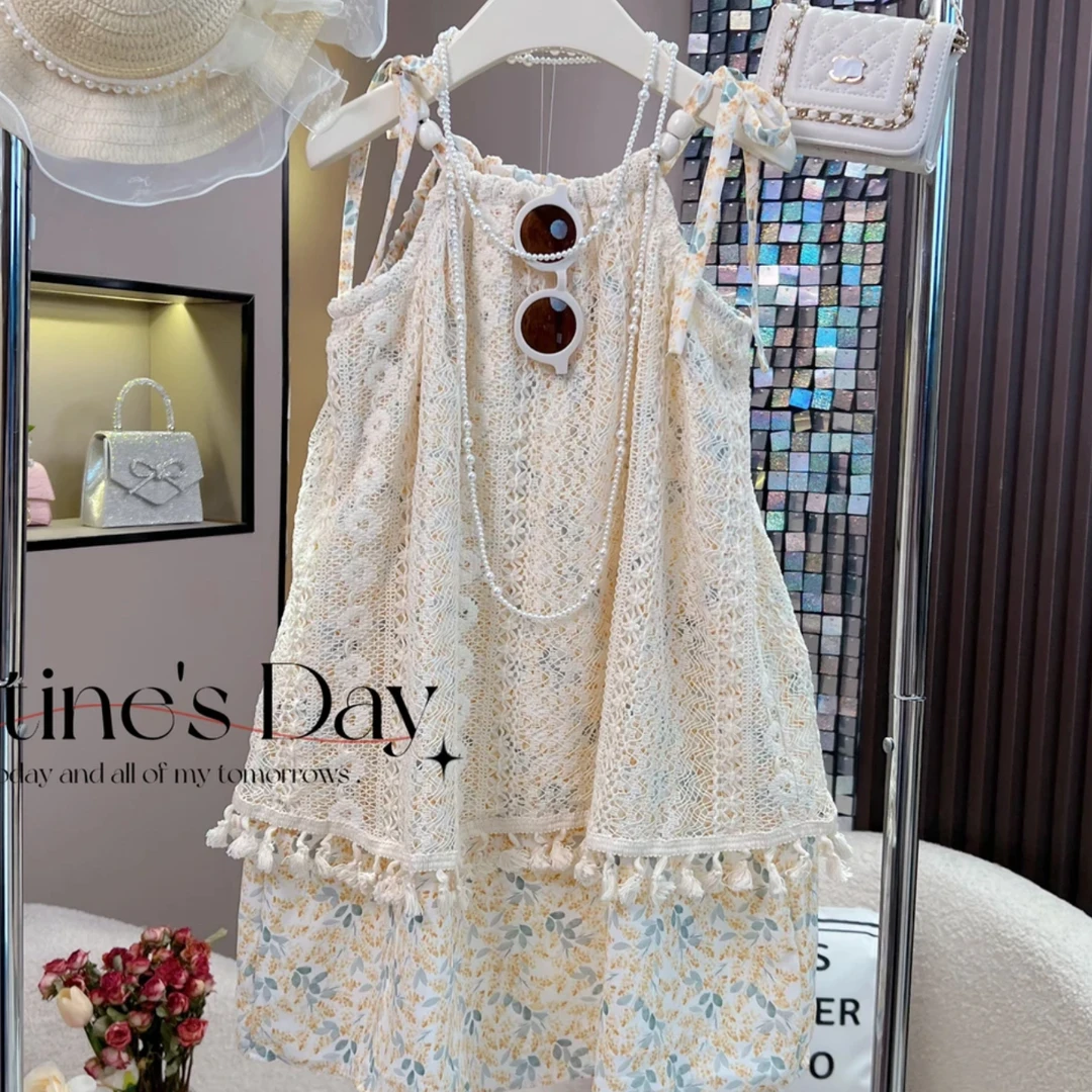 童装女童蕾丝气质2024夏季新品洋气时尚法式白色镂空无袖套装