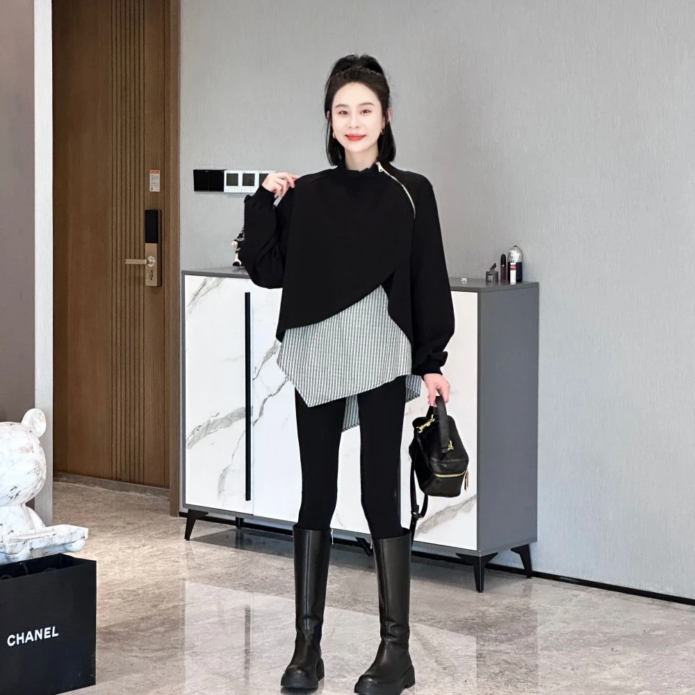 年终大促 时尚休闲洋气百搭不规则拼接真两件套头卫衣JL23725