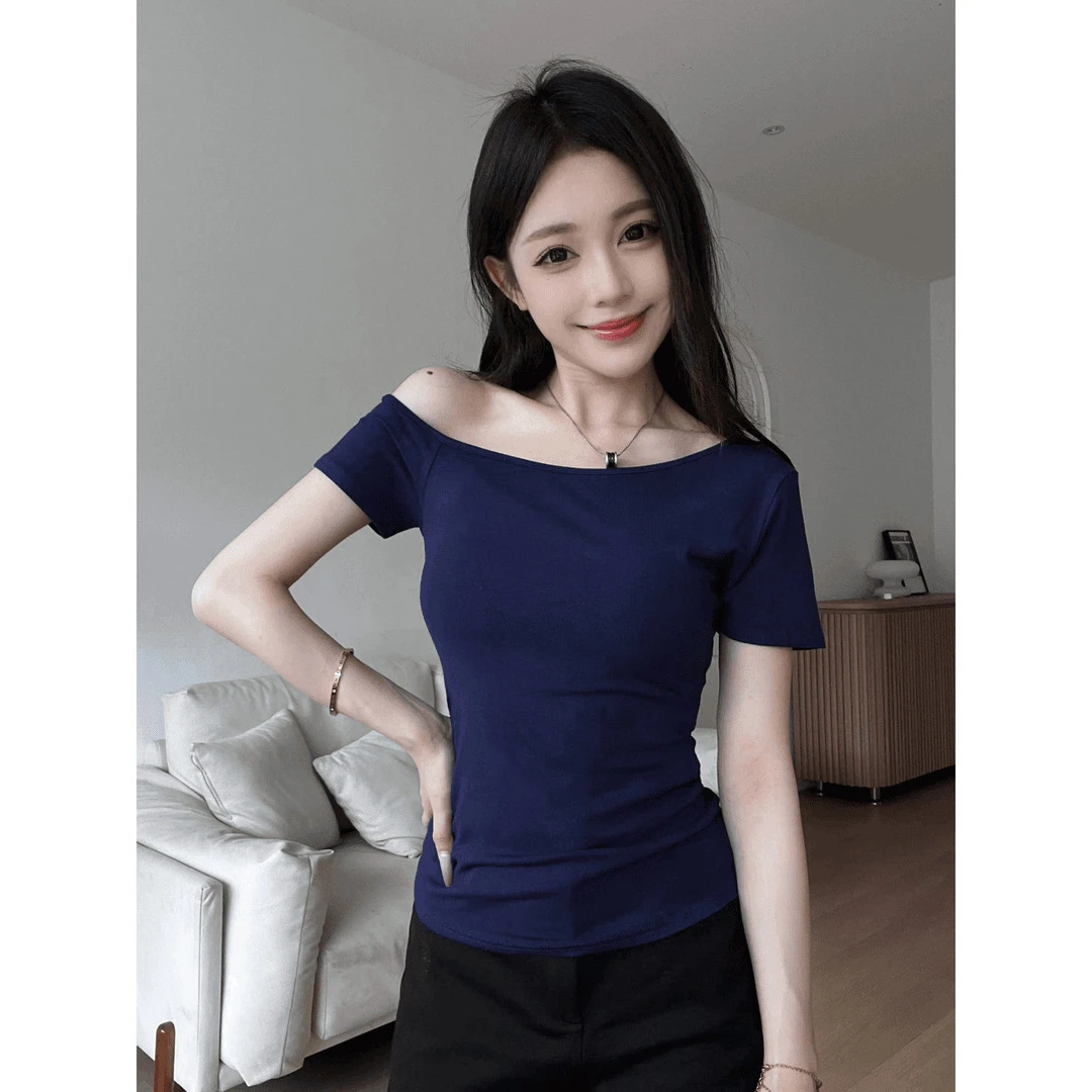 露肩上衣T恤小心机一字肩不对称修身显瘦短袖百搭打底衫