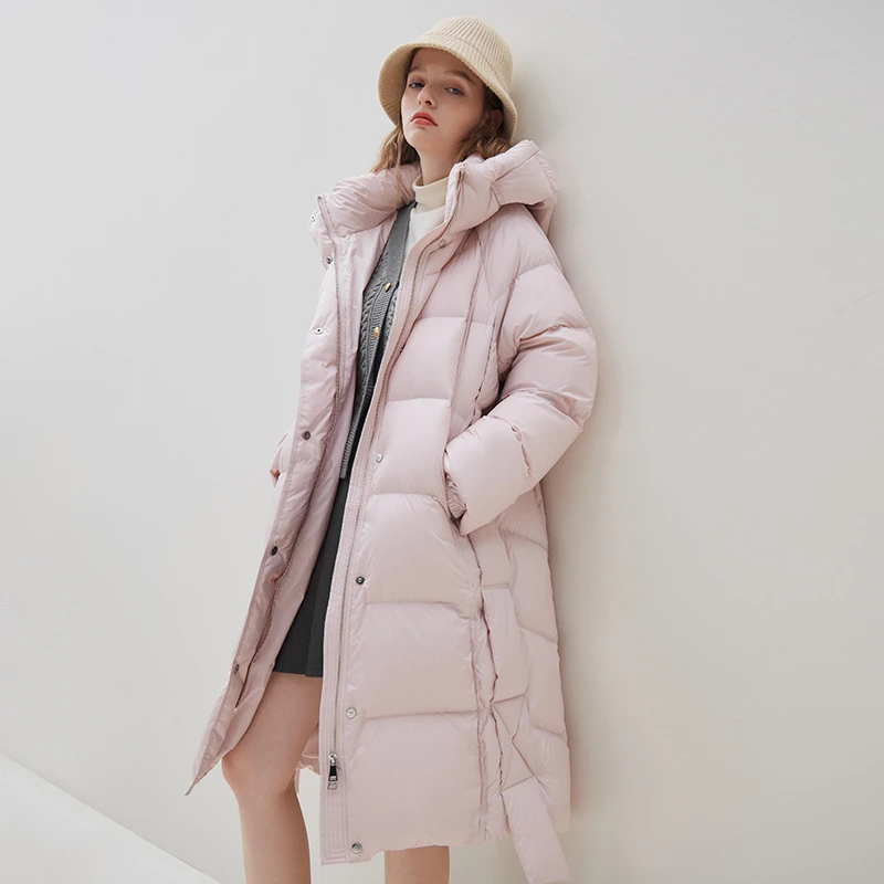 范思蓝恩时尚保暖面包服简约连帽插肩袖中长款羽绒服23FS14081