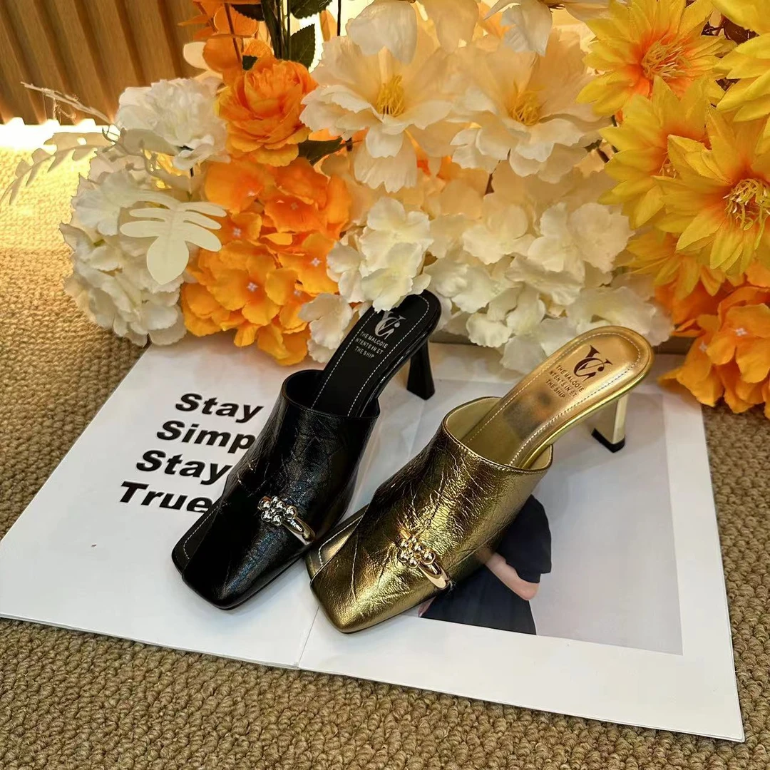 XHarvisss】2024夏新款气质百搭金属扣真皮软面女士拖鞋-5.5cm