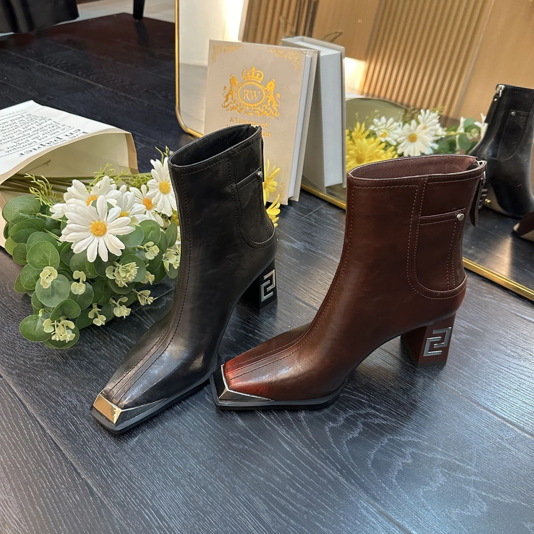 【Harvisss】2024秋冬季新品时尚真皮粗跟牛皮高跟女士短靴-6cm