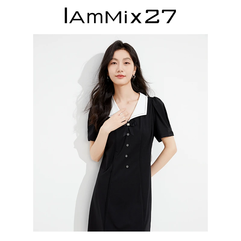 Iammix27撞色翻领泡泡袖连衣裙Z3B9004