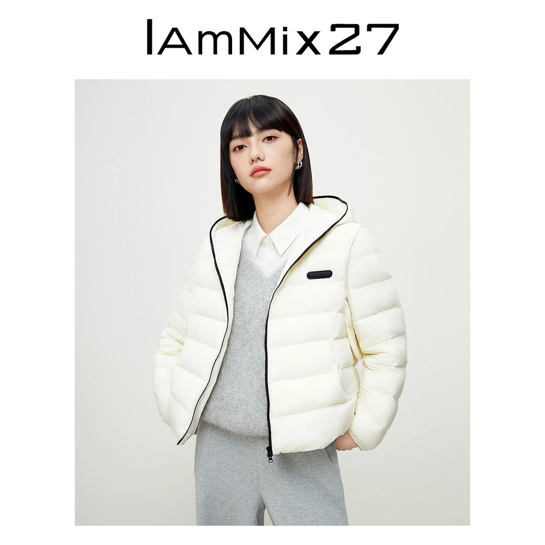 Iammix27冬季轻薄白鸭绒外套女保暖90绒休闲连帽羽绒服女M3D0010