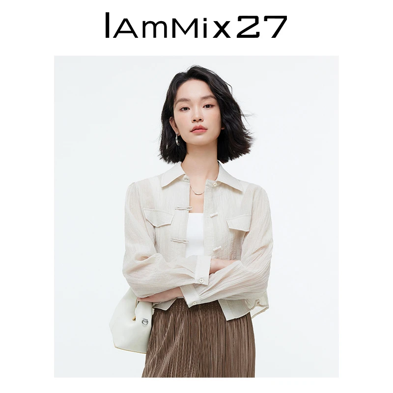 Iammix27新中式翻领衬衫女国风盘扣时尚泡泡袖衬衣女Z4B2003
