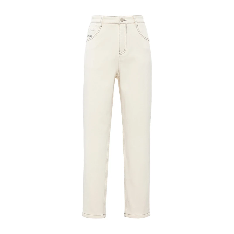 Iammix27秋冬米白色加绒牛仔裤女高腰加厚保暖锥形直筒裤M3D7129