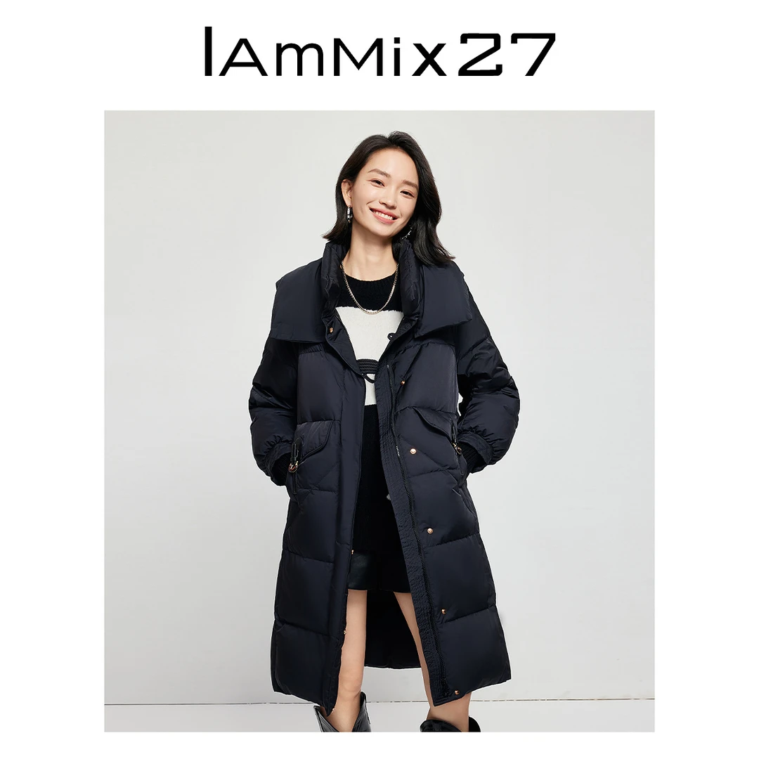 Iammix27冬季立领羽绒服女宽松加厚中长款过膝白鸭绒外套M3D0349
