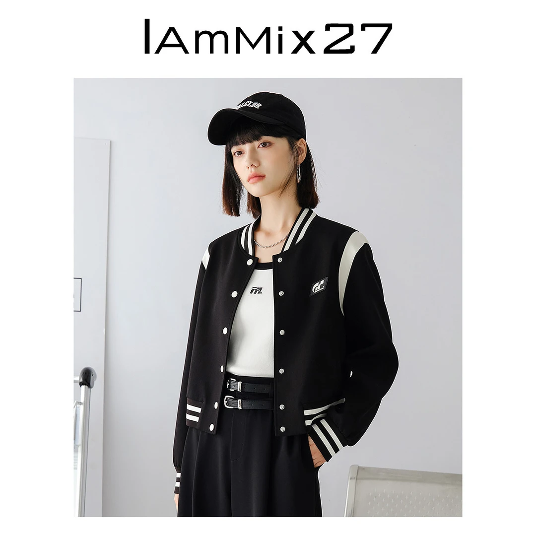 Iammix27棒球领夹克外套女减龄撞色拼接条纹落肩休闲外套M4A3039