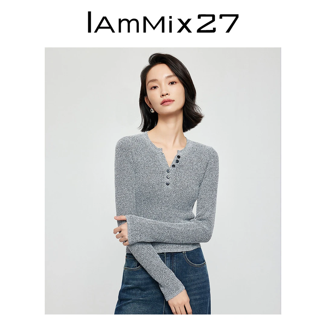 Iammix27改良V领针织套头衫女简约混色叠穿休闲针织衫女Z4D5020