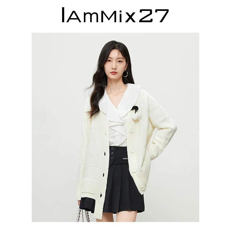 Iammix27品牌女装宽松暗纺粗格开衫M2C5011