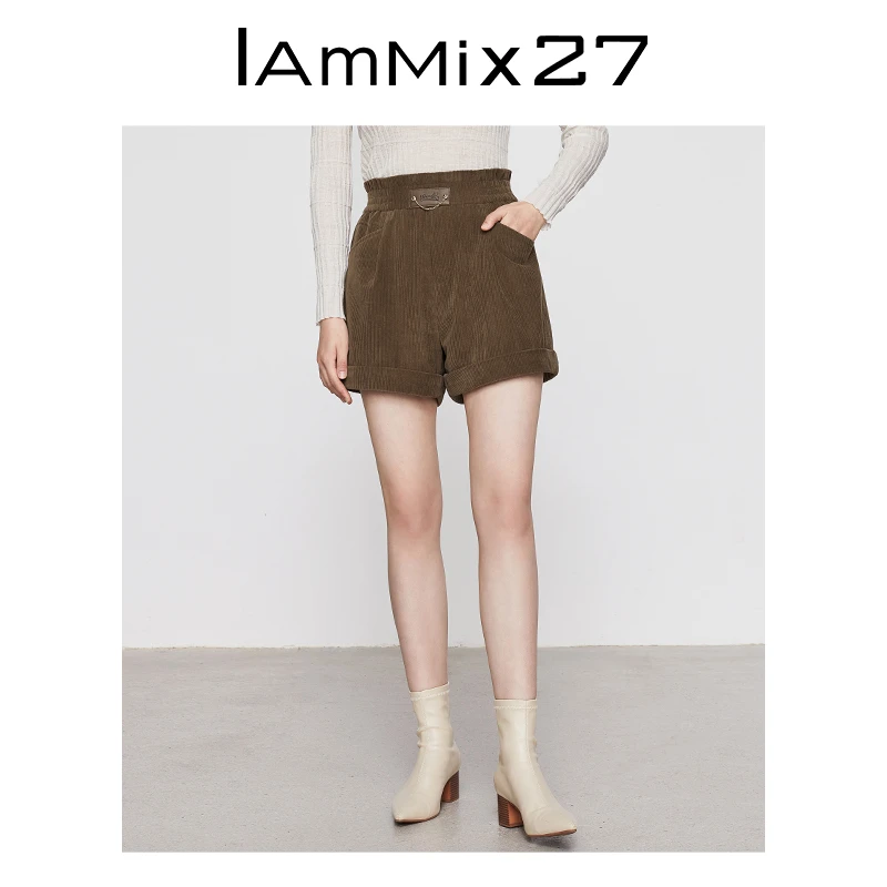 Iammix27复古休闲短裤女个性时尚松紧高腰灯芯绒A字短裤M2C7D27
