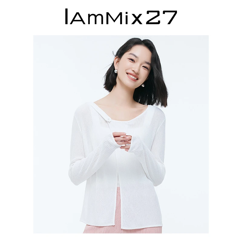 Iammix27夏季白色针织开衫女个性不对称扣袢薄款空调衫女M3B5326