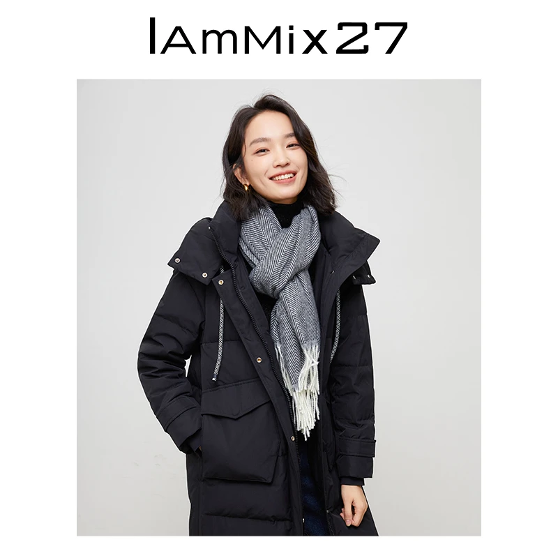 IAmMIX27冬季连帽羽绒服女宽松中长款白鸭绒外套Z3D0020