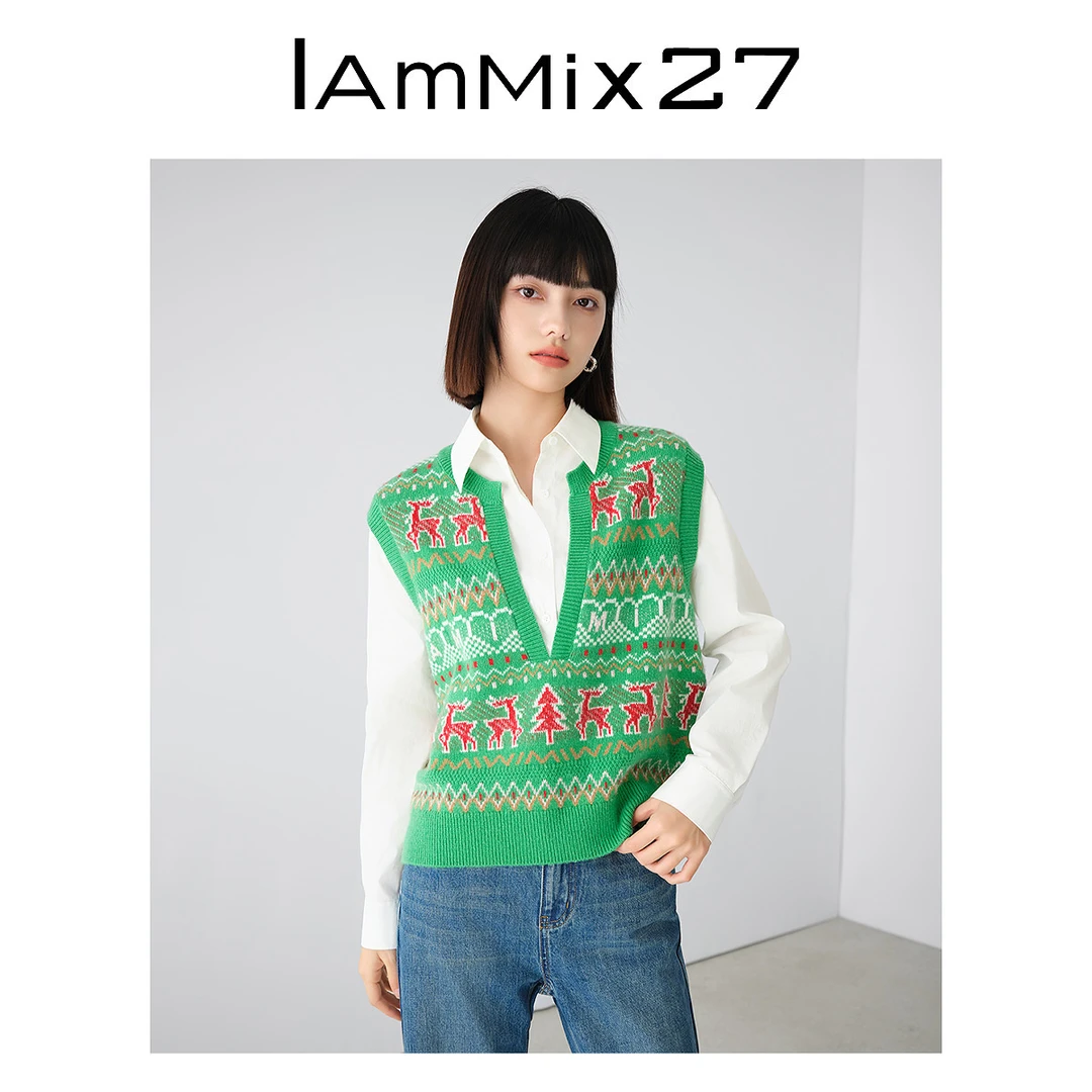 Iammix27假两件拼接针织背心女撞色亮丝绵羊毛翻领上衣M4A5226