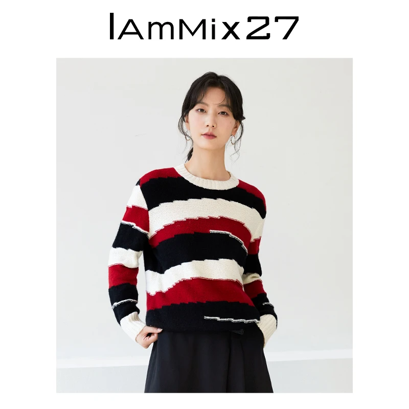 Iammix27圆领套头羊毛衫女秋冬保暖落肩热力撞色条纹毛衣M3A5T526