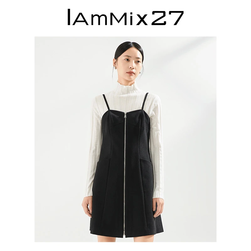 Iammix27秋冬加厚吊带裙女黑色修身拼接拉链门襟A字裙M2D3T127-2