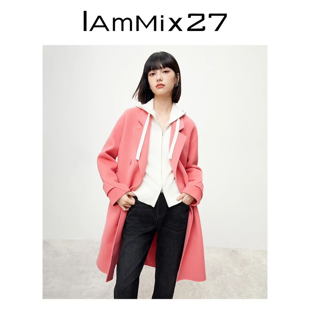 Iammix27西装领双面呢大衣女冬季保暖全绵羊毛毛呢外套女M3D4083