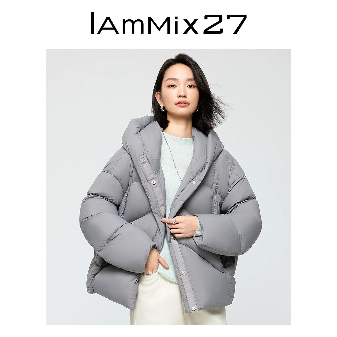 Iammix27冬季短款羽绒服女连帽泡芙保暖白鸭绒面包服外套Z4D0005