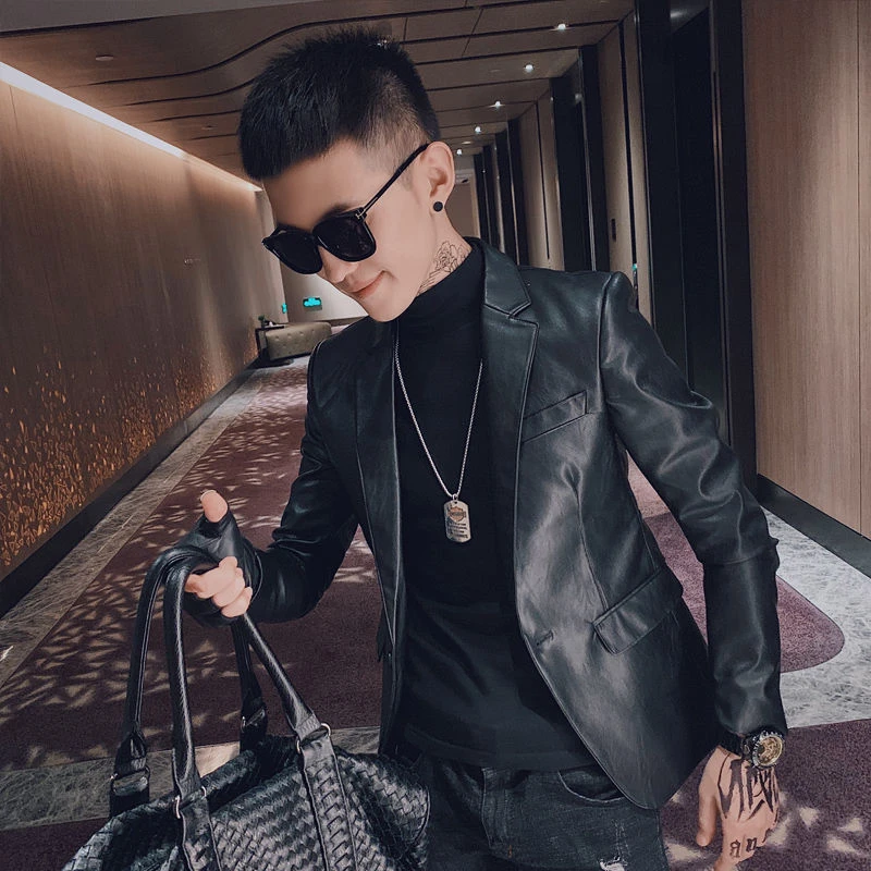 秋冬休闲西服男外套韩版修身皮小西装帅气黑色皮衣便服单西青年