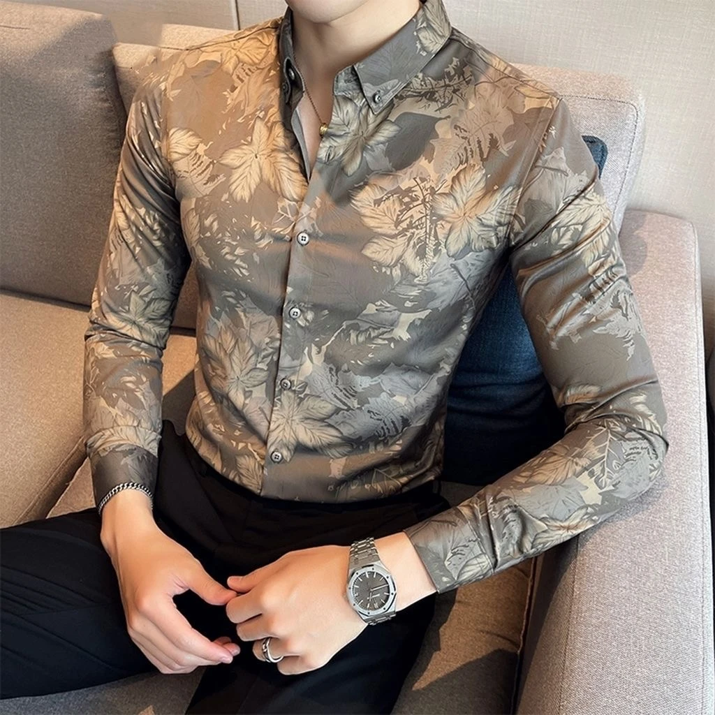 长袖潮牌花衬衫男ins痞帅设计感小众高级感个性帅气修身休闲衬衣