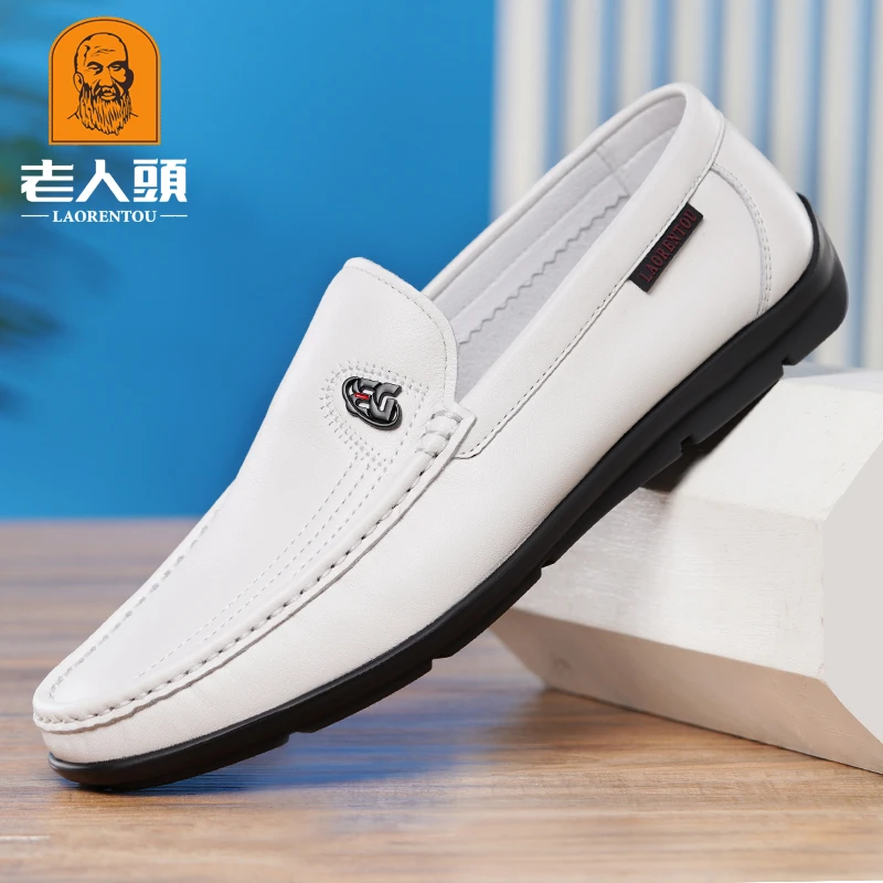 老人头休闲皮鞋男士小白鞋真皮豆豆鞋软底软皮懒人鞋一脚蹬乐福鞋