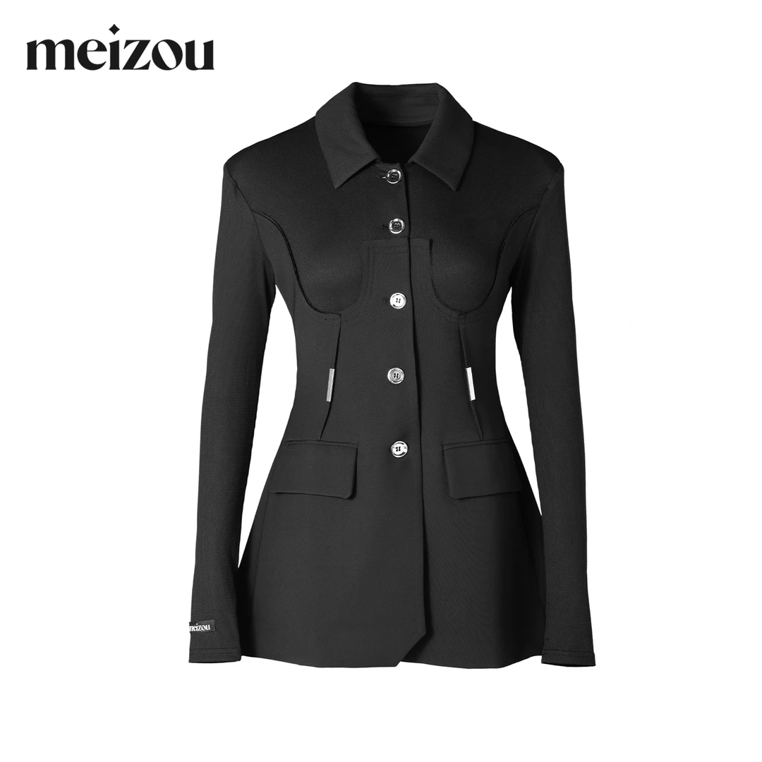meizou/魅奏针织拼接收腰修身显瘦百搭西装连衣裙M0CX78ZZ001