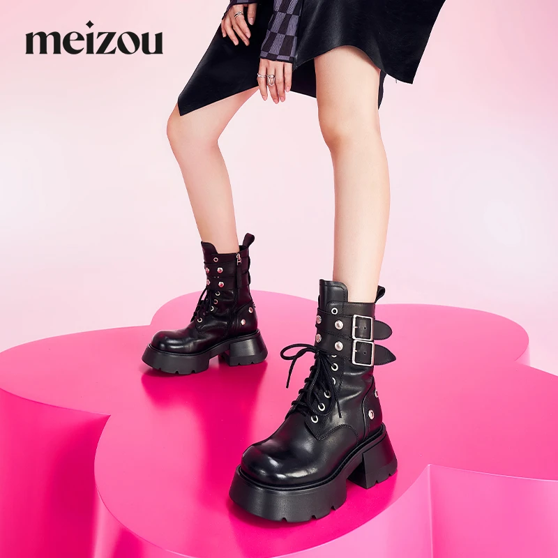 meizou/魅奏甜心教主英伦风牛皮厚底马丁靴短靴女鞋M0D7D100716