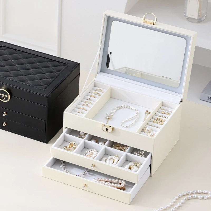 首饰盒/箱 多功能首饰收纳盒带锁大容量三层家用耳钉戒指项链精致