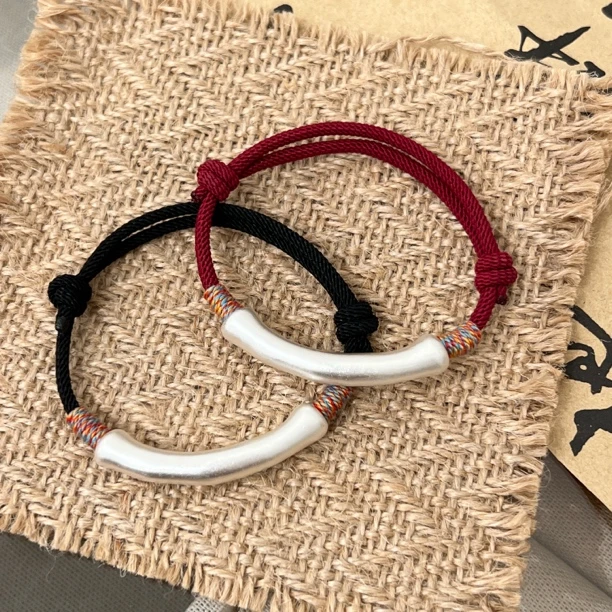 足银手链 《节节高升》小众设计师款高级感喷砂竹节银管抽拉手链