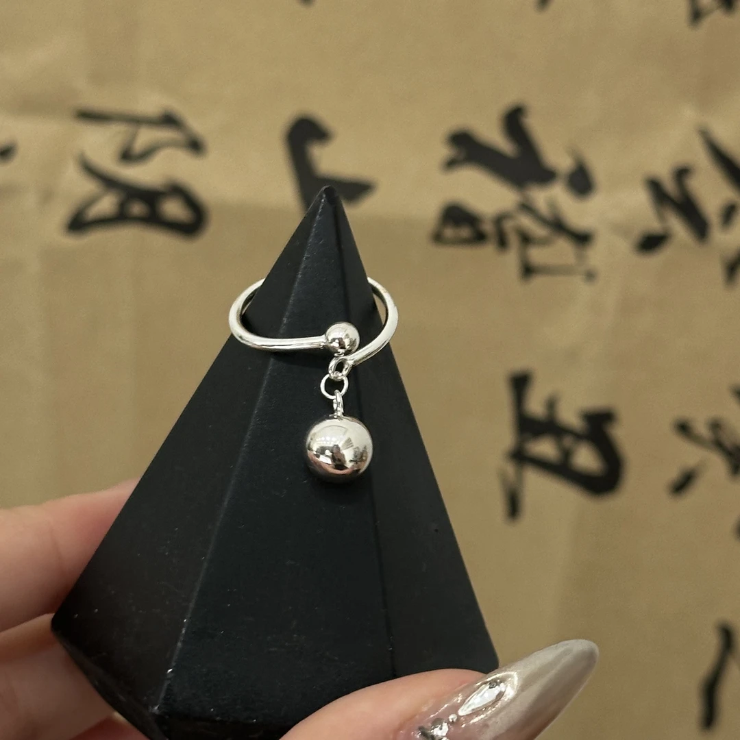925银戒指 小众设计师款轻奢风圆珠铃铛开口戒指女可爱珠珠