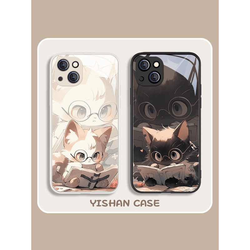适用苹果13手机壳情侣14pro黑色小猫华为/小米玻璃oppo/vivo外壳