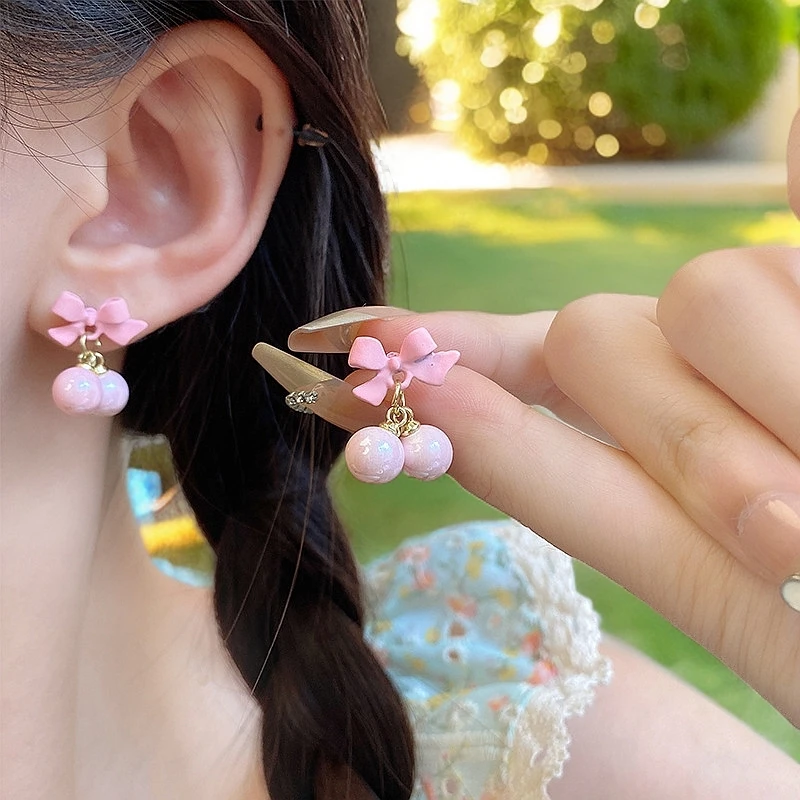 足银玻璃耳饰 少女心甜美粉色蝴蝶结耳饰仿珍珠可爱耳钉百搭气质