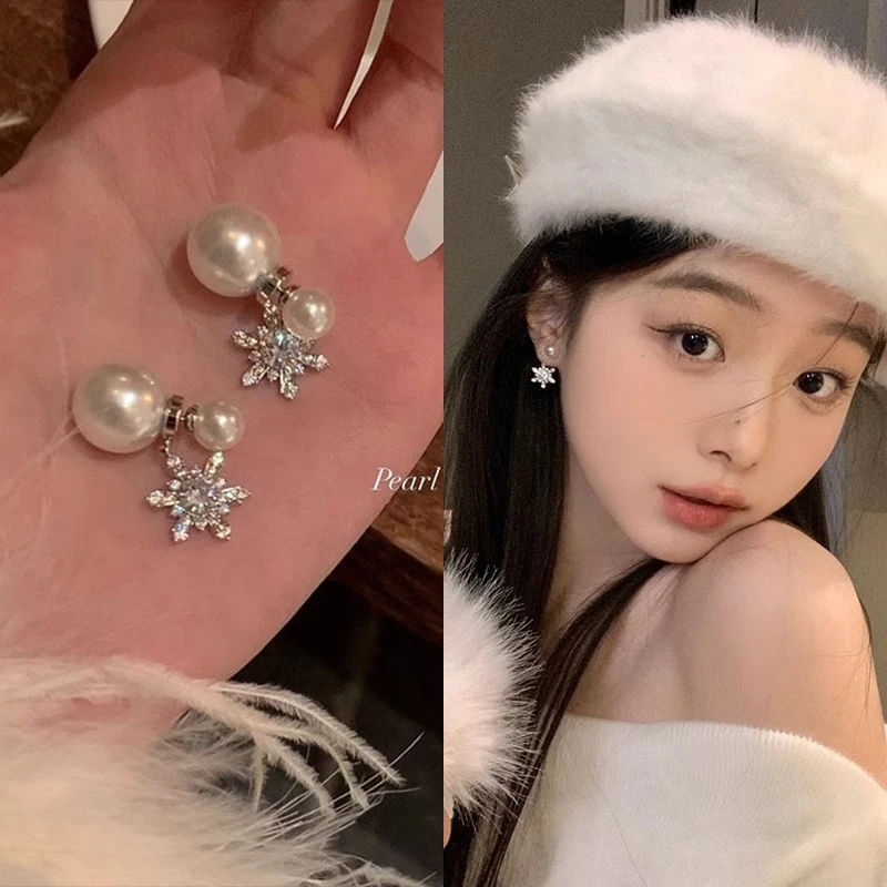 足银玻璃耳饰 后挂式雪花珍珠耳环秋冬季新款气质韩系甜美耳饰