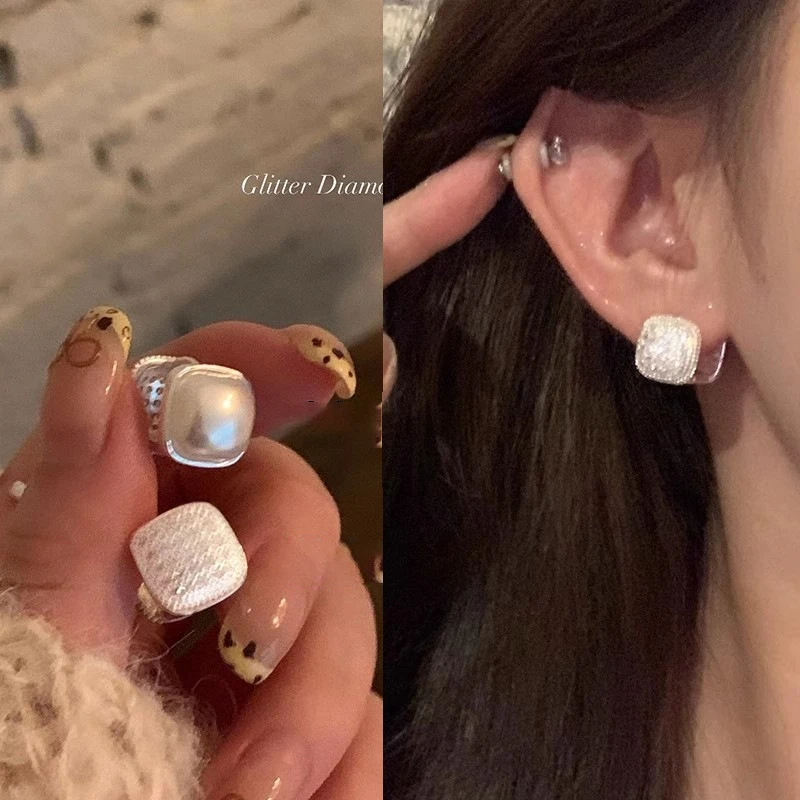 足银玻璃耳饰 双面戴气质耳饰 轻奢时尚气质韩系爆款简耳钉设计感