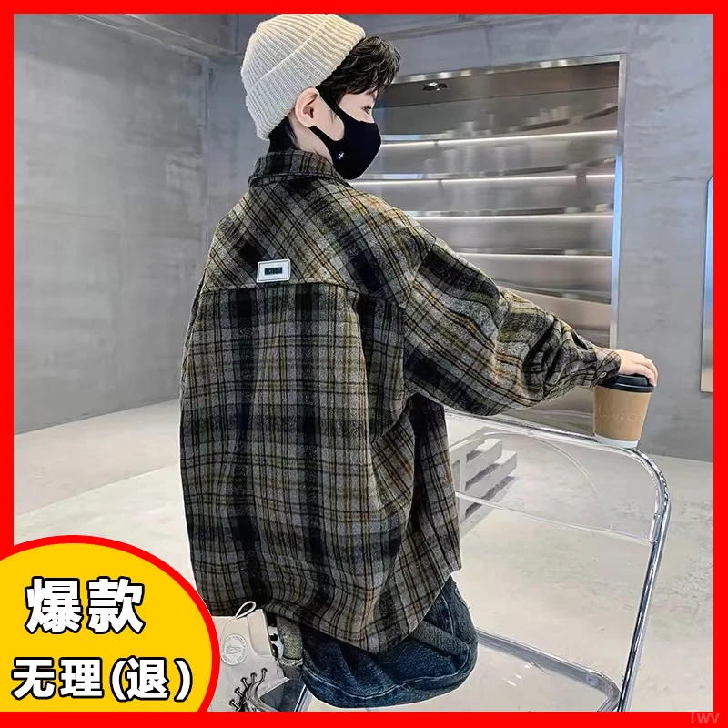 潮新款20秋冬儿童格子衬衫一体加绒外套绒男童冬季24工装加厚保暖