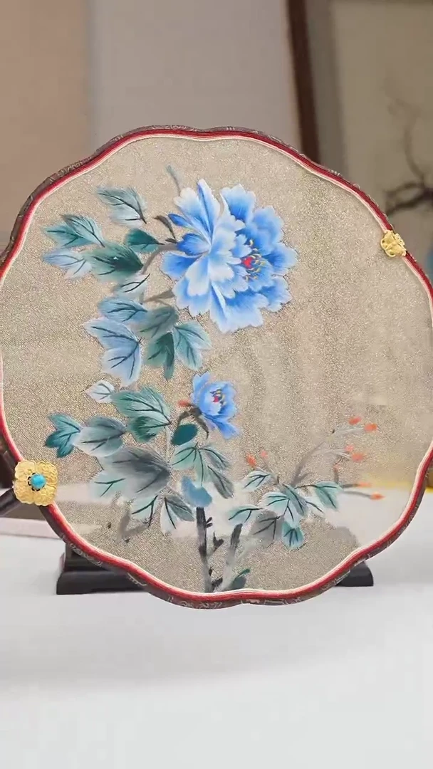 【闪购商品】刺绣蓝牡丹 手工苏绣团扇 手工刺绣 非遗传承