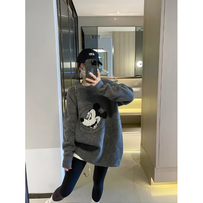 宽松慵懒风米奇套头针织打底衫毛衣女秋冬季新款韩版圆领百搭上衣