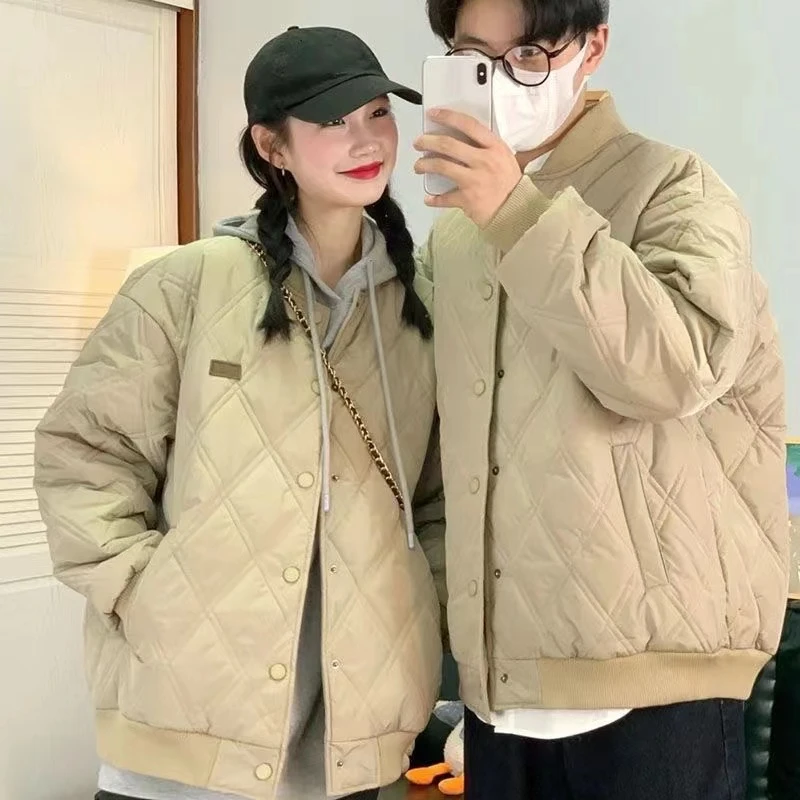 2023女冬季棒球服新款棉衣菱形格棉袄情侣加厚外套百搭时尚休闲