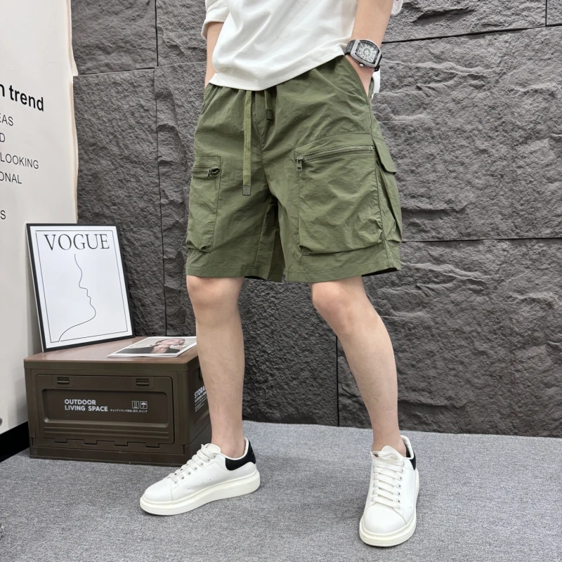 夏季户外速干工装短裤拉链多口袋中裤宽松直筒五分裤透气沙滩裤子