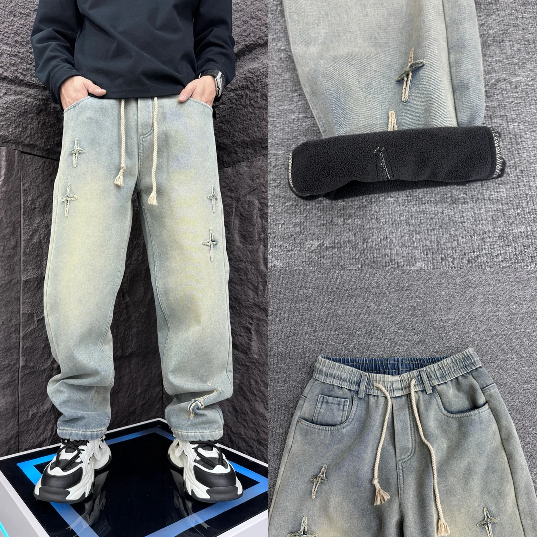 潮牌美式复古做旧加绒直筒牛仔裤男士刺绣水洗磨白宽松阔腿拖地裤