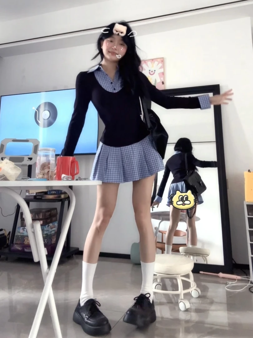 秋冬藏蓝色针织拼接格纹衬衫长袖百褶连衣裙