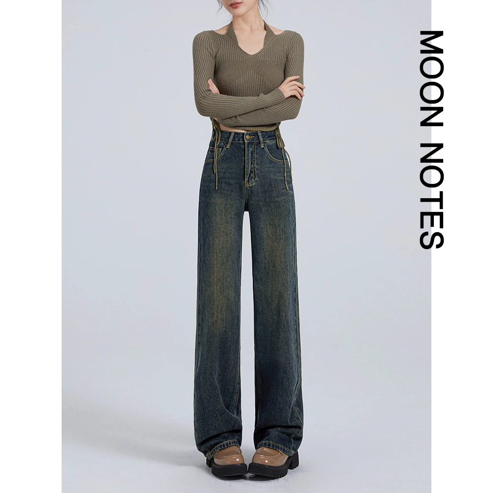 MOON NOTES/月亮音符高腰窄版阔腿裤24年秋季新款蓝灰水洗牛仔裤