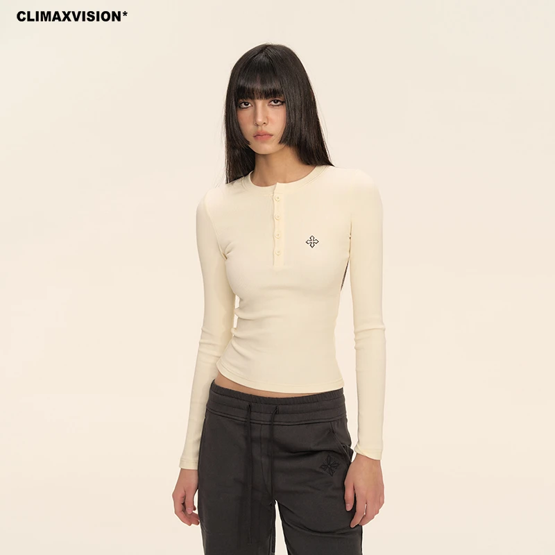 CLIMAX VISION十字架刺绣紧身显瘦亨利领短款长袖T恤弹力修身上衣