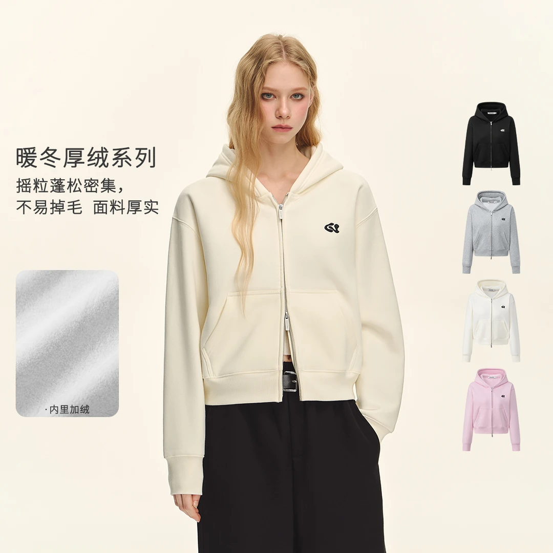 CLIMAX VISION450克加绒加厚CV刺绣双拉链连帽卫衣女短款挺括帽衫