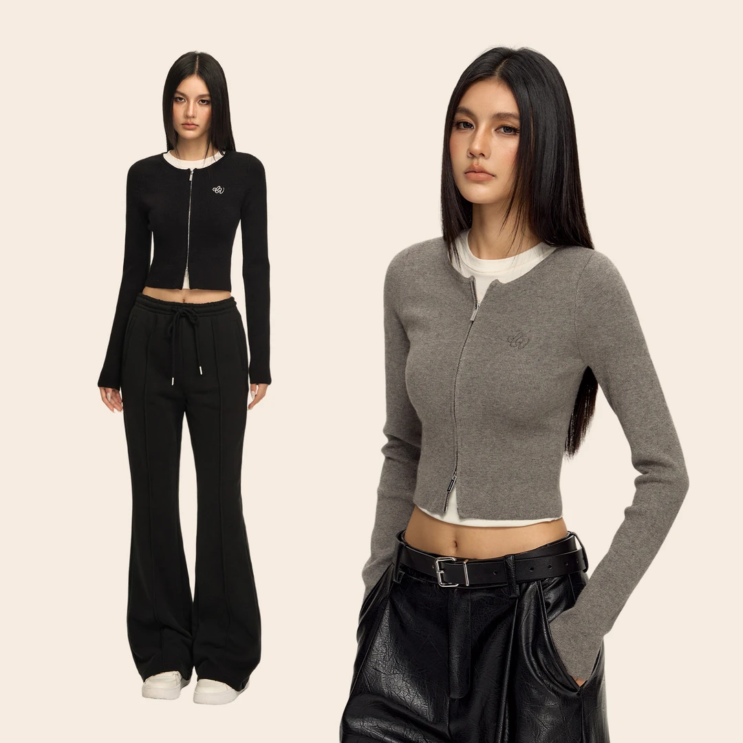 CLIMAX VISIONCV刺绣双开拉链短款收腰毛衣开衫女修身显瘦针织衫